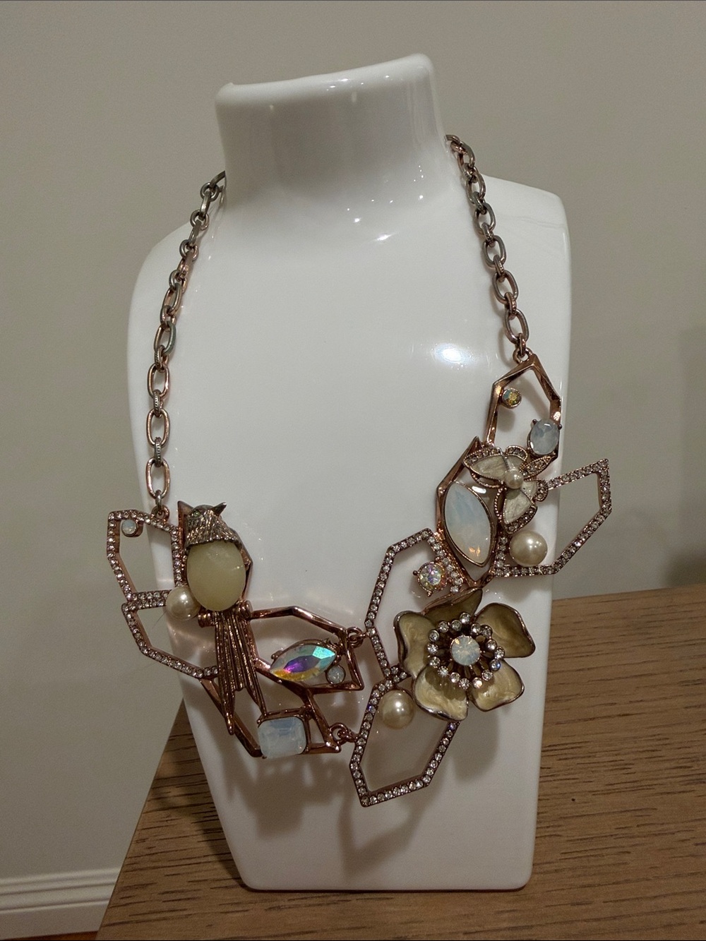 Betsey Johnson Flutterbye Bird Flower Butterfly Opal Crystal Pearl Necklace